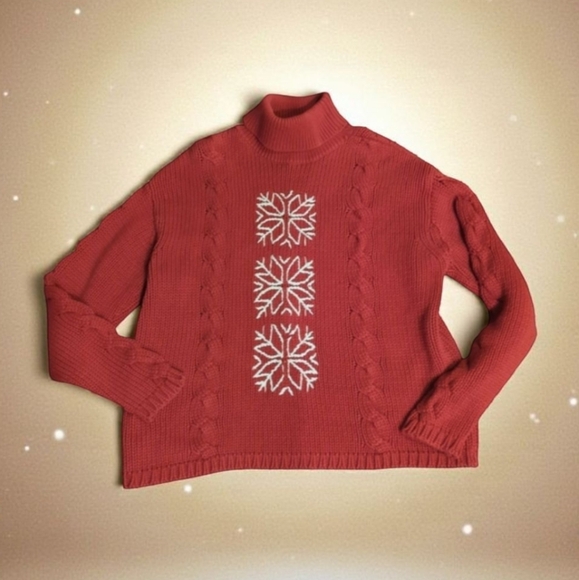 Alps Vtg. Red Cowl Neck Sweater Snowflake Patterns cable knit warm cotton sz XL - Picture 1 of 9